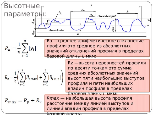 Высотные  параметры: Ra —среднее арифметическое отклонение профиля это среднее из абсолютных значений отклонений профиля в пределах базовой длины l , мкм: Rz —высота неровностей профиля по десяти точкам это сумма средних абсолютных значений высот пяти наибольших выступов профиля и пяти наибольших впадин профиля в пределах базовой длины l , мкм: Rmax  — наибольшая высота профиля расстояние между линией выступов и линией впадин профиля в пределах базовой длины. 