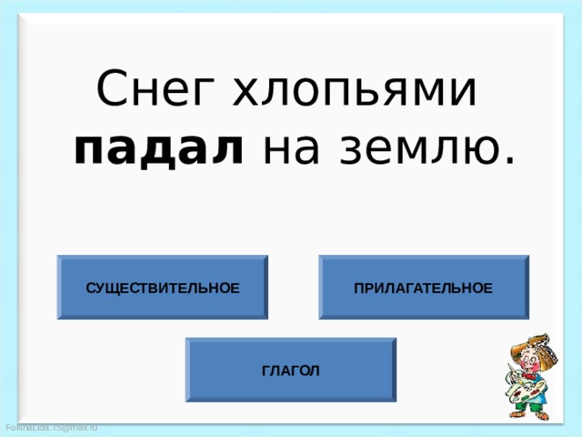 Снег хлопьями падал на землю. СУЩЕСТВИТЕЛЬНОЕ ПРИЛАГАТЕЛЬНОЕ ГЛАГОЛ 