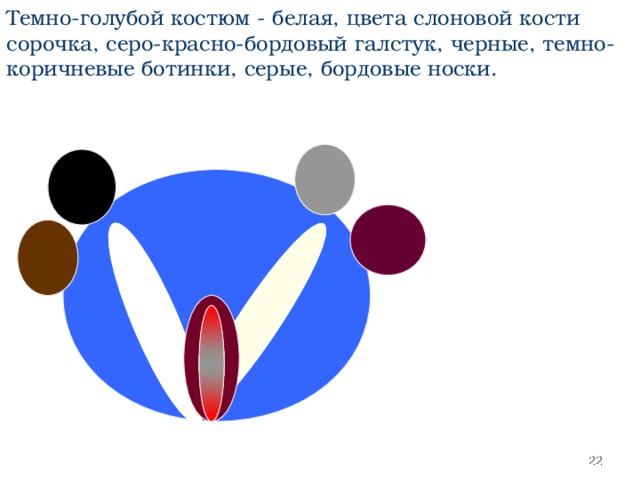 Темно-голубой костюм - белая, цвета слоновой кости сорочка, серо-красно-бордовый галстук, черные, темно-коричневые ботинки, серые, бордовые носки.  
