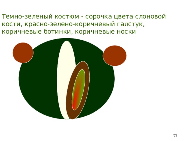 Темно-зеленый костюм - сорочка цвета слоновой кости, красно-зелено-коричневый галстук, коричневые ботинки, коричневые носки  
