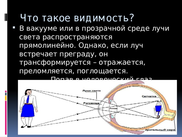 Что такое видимость? В вакууме или в прозрачной среде лучи света распространяются прямолинейно. Однако, если луч встречает преграду, он трансформируется – отражается, преломляется, поглощается. Попав в человеческий глаз, такой видоизмененный луч позволяет нам «видеть». 
