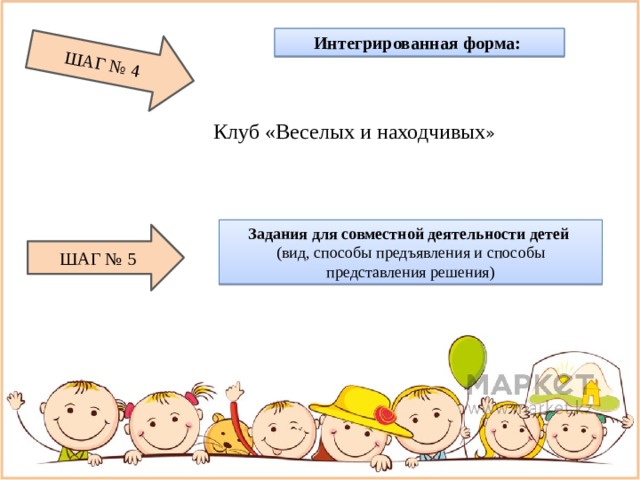 ШАГ № 4 Интегрированная форма: Клуб «Веселых и находчивых » Задания для совместной деятельности детей (вид, способы предъявления и способы представления решения) ШАГ № 5 