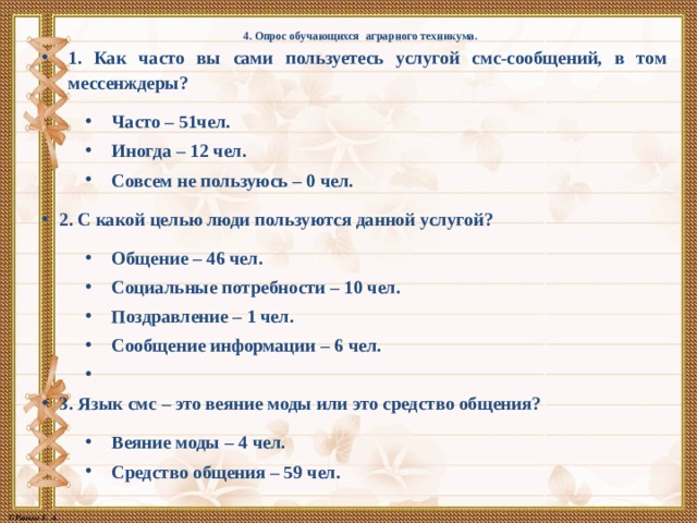4. Опрос обучающихся аграрного техникума.   1. Как часто вы сами пользуетесь услугой смс-сообщений, в том мессенждеры? Часто – 51чел. Иногда – 12 чел. Совсем не пользуюсь – 0 чел. 2. С какой целью люди пользуются данной услугой? Общение – 46 чел. Социальные потребности – 10 чел. Поздравление – 1 чел. Сообщение информации – 6 чел.   3. Язык смс – это веяние моды или это средство общения? Веяние моды – 4 чел. Средство общения – 59 чел. 
