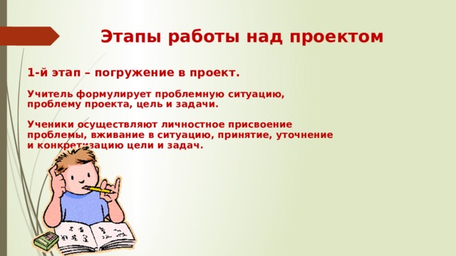 Этапы работы над проектом 1-й этап – погружение в проект.  Учитель формулирует проблемную ситуацию, проблему проекта, цель и задачи.  Ученики осуществляют личностное присвоение проблемы, вживание в ситуацию, принятие, уточнение и конкретизацию цели и задач. 
