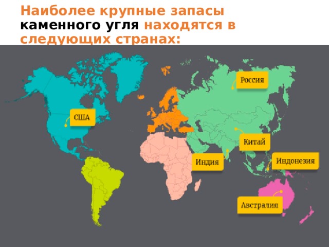 Наиболее крупные запасы каменного угля находятся в следующих странах: 
