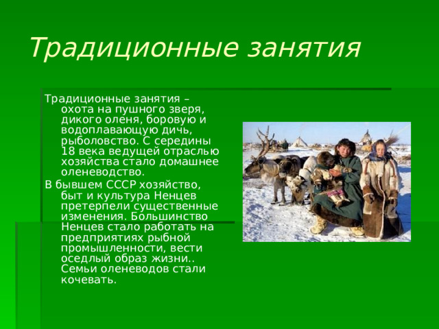 Традиционные занятия Традиционные занятия – охота на пушного зверя, дикого оленя, боровую и водоплавающую дичь, рыболовство. С середины 18 века ведущей отраслью хозяйства стало домашнее оленеводство. В бывшем СССР хозяйство, быт и культура Ненцев претерпели существенные изменения. Большинство Ненцев стало работать на предприятиях рыбной промышленности, вести оседлый образ жизни.. Семьи оленеводов стали кочевать. 