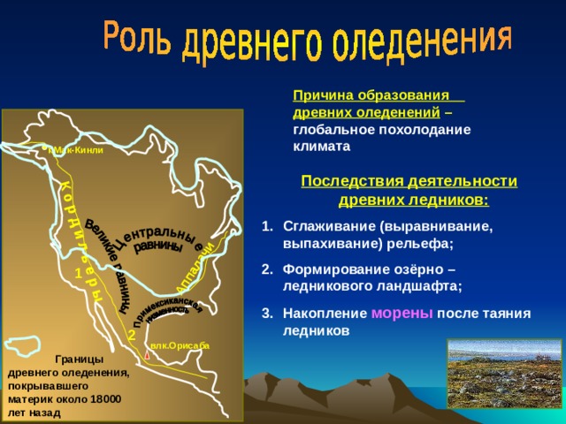 К о р д и л ь е р ы Аппалачи Причина образования древних оледенений  – глобальное похолодание климата г.Мак-Кинли  Последствия деятельности древних ледников: Сглаживание (выравнивание, выпахивание) рельефа; Формирование озёрно – ледникового ландшафта; Накопление морены после таяния ледников 1 2 влк.Орисаба  Границы древнего оледенения, покрывавшего материк около 18000 лет назад 