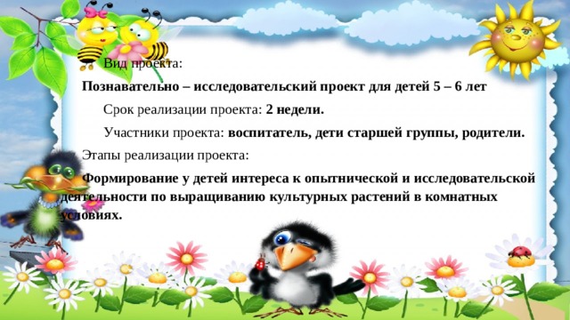   Вид проекта:  Познавательно – исследовательский проект для детей 5 – 6 лет   Срок реализации проекта: 2 недели.   Участники проекта: воспитатель, дети старшей группы, родители.  Этапы реализации проекта:  Формирование у детей интереса к опытнической и исследовательской деятельности по выращиванию культурных растений в комнатных условиях.  