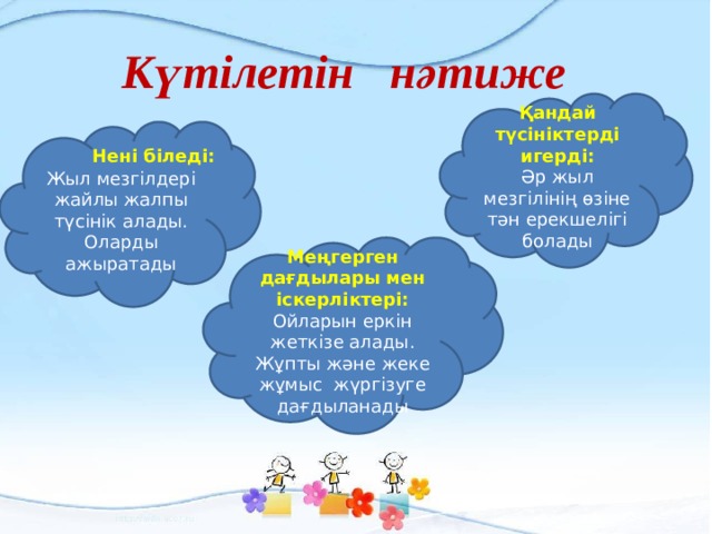 Күтілетін нәтиже Қандай түсініктерді игерді: Әр жыл мезгілінің өзіне тән ерекшелігі болады Жыл мезгілдері жайлы жалпы түсінік алады. Оларды ажыратады Нені біледі: Меңгерген дағдылары мен іскерліктері: Ойларын еркін жеткізе алады. Жұпты және жеке жұмыс жүргізуге дағдыланады 