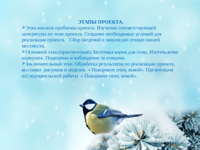 ЭТАПЫ ПРОЕКТА. Этап анализа проблемы проекта. Изучение соответствующей литературы по теме проекта. Создание необходимых условий для реализации проекта. Сбор сведений о зимующих птицах нашей местности. Основной этап.(практический) Заготовка корма для птиц. Изготовление кормушек. Подкормка и наблюдение за птицами. Заключительный этап. Обработка результатов по реализации проекта, выставка рисунков и поделок « Покормите птиц зимой». Презентация исследовательской работы « Покормите птиц зимой». 
