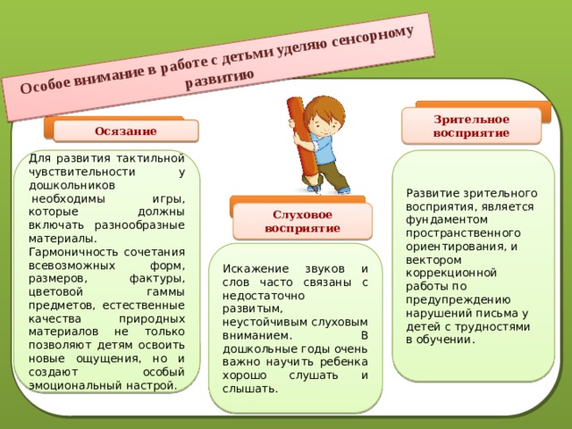 Особое внимание в работе с детьми уделяю сенсорному развитию Зрительное восприятие Осязание Для развития тактильной чувствительности у дошкольников  необходимы игры, которые должны включать разнообразные материалы. Гармоничность сочетания всевозможных форм, размеров, фактуры, цветовой гаммы предметов, естественные качества природных материалов не только позволяют детям освоить новые ощущения, но и создают особый эмоциональный настрой. Развитие зрительного восприятия, является фундаментом пространственного ориентирования, и вектором коррекционной работы по предупреждению нарушений письма у детей с трудностями в обучении. Слуховое восприятие Искажение звуков и слов часто связаны с недостаточно развитым, неустойчивым слуховым вниманием. В дошкольные годы очень важно научить ребенка хорошо слушать и слышать. 