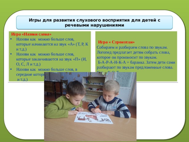Игры для развития слухового восприятия для детей с речевыми нарушениями  Игра «Назови слова»  Игра « Строители» Назови как можно больше слов, которые начинаются на звук «А» (Т, Р, К и т.д.) Назови как можно больше слов, которые заканчиваются на звук «П» (И, О, С, Л и т.д.) Назови как можно больше слов, в середине которых есть звук «Н» (Г, Б, Ф и т.д.) Собираем и разбираем слова по звукам. Логопед предлагает детям собрать слова, которое он произносит по звукам.  Б-А-Р-А-Н-К-А = баранка. Затем дети сами разбирают по звукам предложенные слова. Кот = К-О-Т. 