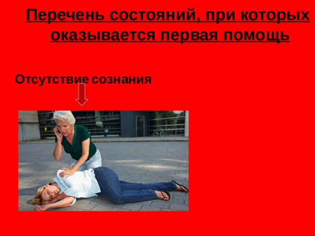 Перечень состояний, при которых   оказывается первая помощь    Отсутствие  сознания 