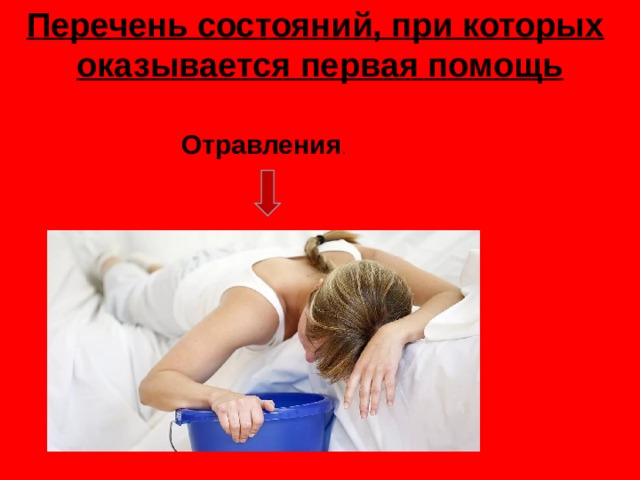 Перечень состояний, при которых   оказывается первая помощь   Отравления . 