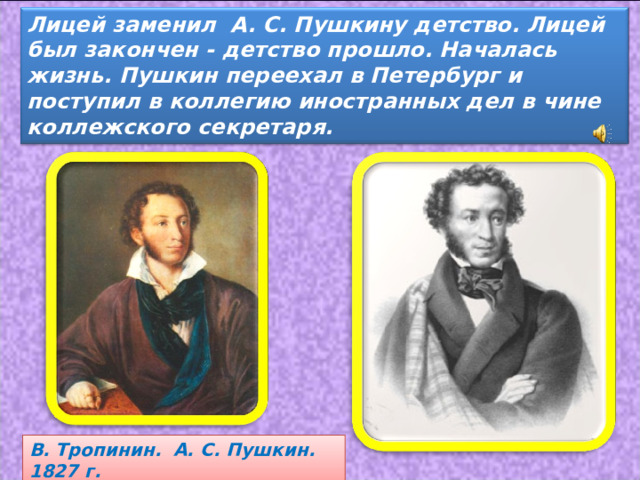Лицей заменил А. С. Пушкину детство. Лицей был закончен - детство прошло. Началась жизнь. Пушкин переехал в Петербург и поступил в коллегию иностранных дел в чине коллежского секретаря. В. Тропинин. А. С. Пушкин. 1827 г. 