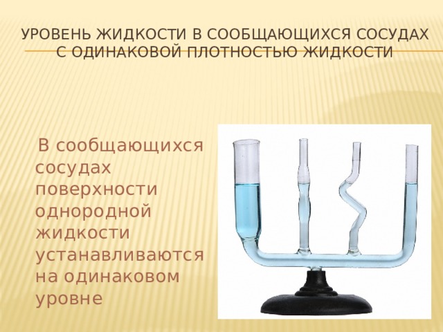 Уровень жидкости в сообщающихся сосудах с одинаковой плотностью жидкости  В сообщающихся сосудах поверхности однородной жидкости устанавливаются на одинаковом уровне 