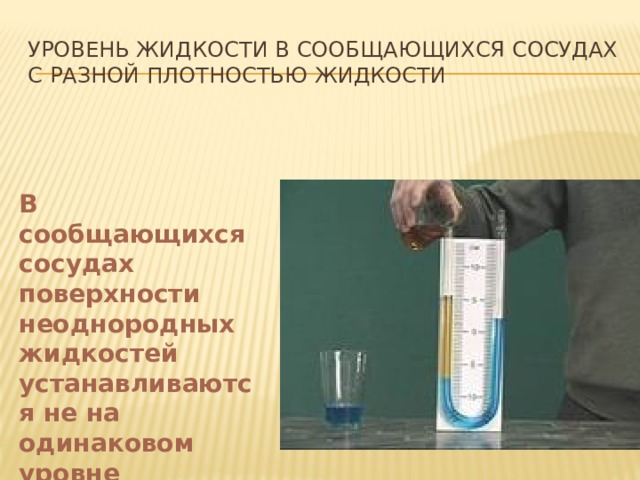 Уровень жидкости в сообщающихся сосудах с разной плотностью жидкости В сообщающихся сосудах поверхности неоднородных жидкостей устанавливаются не на одинаковом уровне 