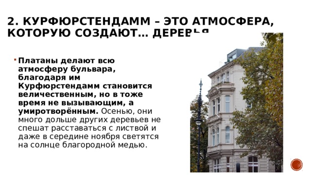 2. Курфюрстендамм – это атмосфера, которую создают… деревья   Платаны делают всю атмосферу бульвара, благодаря им Курфюрстендамм становится величественным, но в тоже время не вызывающим, а умиротворённым.  Осенью, они много дольше других деревьев не спешат расставаться с листвой и даже в середине ноября светятся на солнце благородной медью. 