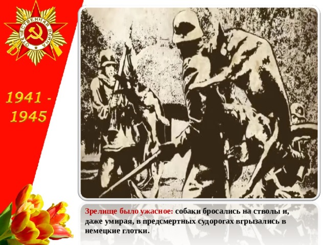Зрелище было ужасное: собаки бросались на стволы и, даже умирая, в предсмертных судорогах вгрызались в немецкие глотки. 