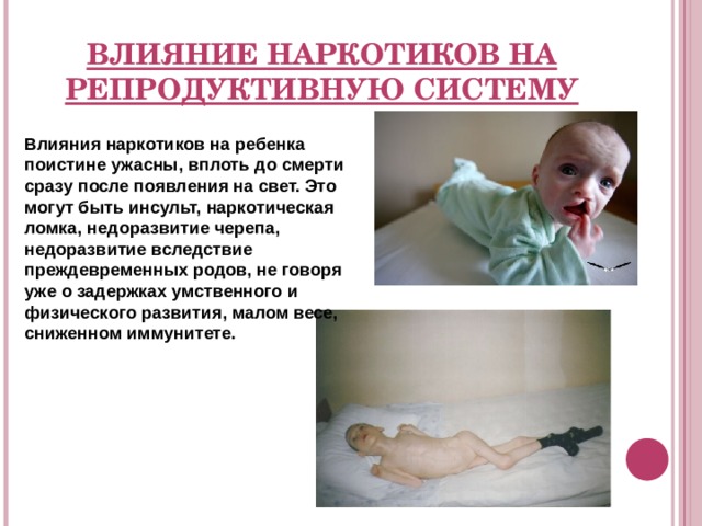 ВЛИЯНИЕ НАРКОТИКОВ НА РЕПРОДУКТИВНУЮ СИСТЕМУ Влияния наркотиков на ребенка поистине ужасны, вплоть до смерти сразу после появления на свет. Это могут быть инсульт, наркотическая ломка, недоразвитие черепа, недоразвитие вследствие преждевременных родов, не говоря уже о задержках умственного и физического развития, малом весе, сниженном иммунитете. 