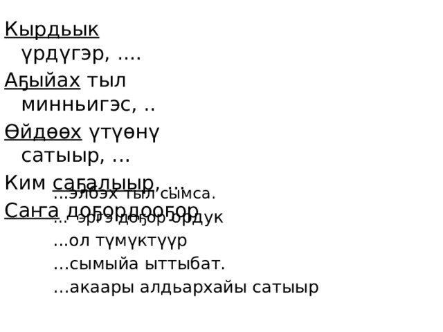 Кырдьык үрдүгэр, .... Аҕыйах тыл минньигэс, .. Өйдөөх үтүөнү сатыыр, ... Ким саҕалыыр , ... Саҥа доҕордооҕор ...элбэх тыл сымса. ...  эргэ доҕор ордук ...ол түмүктүүр … сымыйа ыттыбат. … акаары алдьархайы сатыыр 