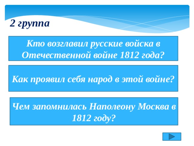 2 группа Кто возглавил русские войска в Отечественной войне 1812 года? Как проявил себя народ в этой войне? Чем запомнилась Наполеону Москва в 1812 году? 