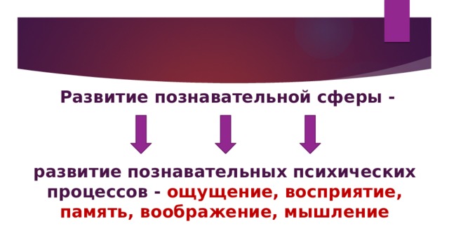  Развитие познавательной сферы -   развитие познавательных психических процессов - ощущение,  восприятие, память, воображение, мышление 