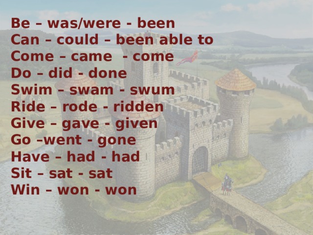 Be – was/were - been Can – could – been able to Come – came - come Do – did - done Swim – swam - swum Ride – rode - ridden Give – gave - given Go –went - gone Have – had - had Sit – sat - sat Win – won - won 