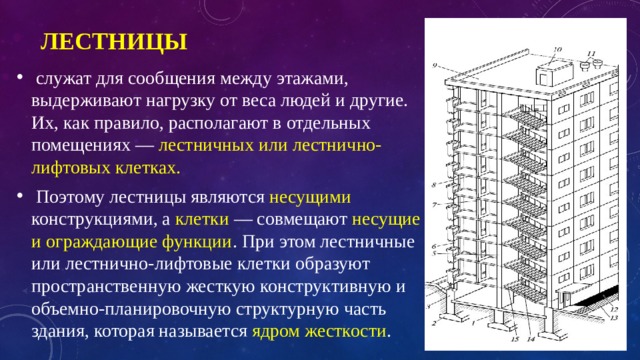 Лестницы   служат для сообщения между этажами, выдерживают нагрузку от веса людей и другие. Их, как правило, располагают в отдельных помещениях — лестничных или лестнично-лифтовых клетках.  Поэтому лестницы являются несущими конструкциями, а клетки — совмещают несущие и ограждающие функции . При этом лестничные или лестнично-лифтовые клетки образуют пространственную жесткую конструктивную и объемно-планировочную структурную часть здания, которая называется ядром жесткости . 
