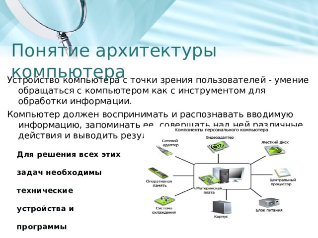 Понятие архитектуры компьютера Устройство компьютера с точки зрения пользователей - умение обращаться с компьютером как с инструментом для обработки информации. Компьютер должен воспринимать и распознавать вводимую информацию, запоминать ее, совершать над ней различные действия и выводить результаты своей работы. Для решения всех этих задач необходимы технические устройства и программы  