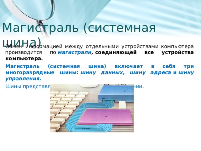 Магистраль (системная шина) Обмен информацией между отдельными устройствами компьютера производится по   магистрали ,   соединяющей все устройства компьютера. Магистраль (системная шина) включает в себя три многоразрядные шины:  шину данных, шину адреса  и  шину управления.  Шины представляют собой многопроводные линии. 
