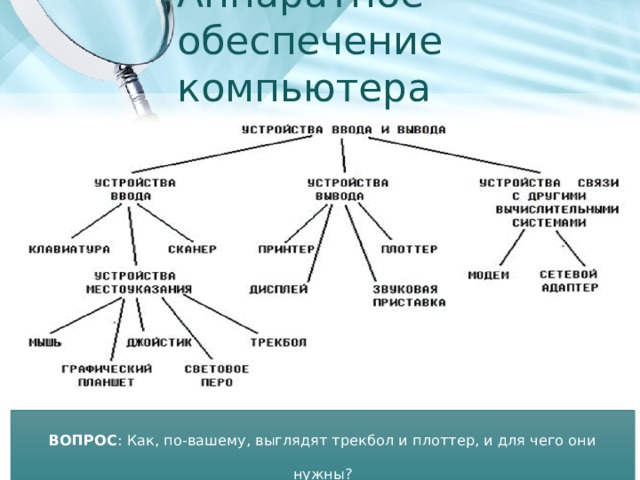 Аппаратное обеспечение компьютера ВОПРОС : Как, по-вашему, выглядят трекбол и плоттер, и для чего они нужны? 