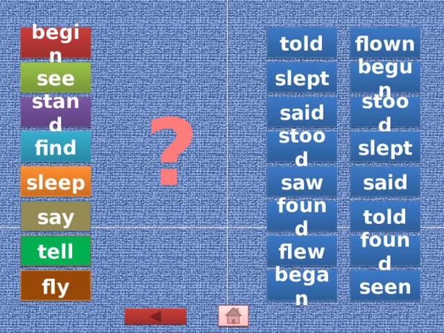 begin told flown see begun slept ? stood said stand slept stood find sleep said saw say found told tell flew found fly began seen 