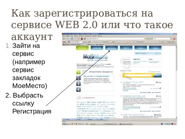 Как зарегистрироваться на сервисе WEB 2.0 или что такое аккаунт Зайти на сервис (например сервис закладок МоеМесто) 2. Выбрасть ссылку Регистрация 
