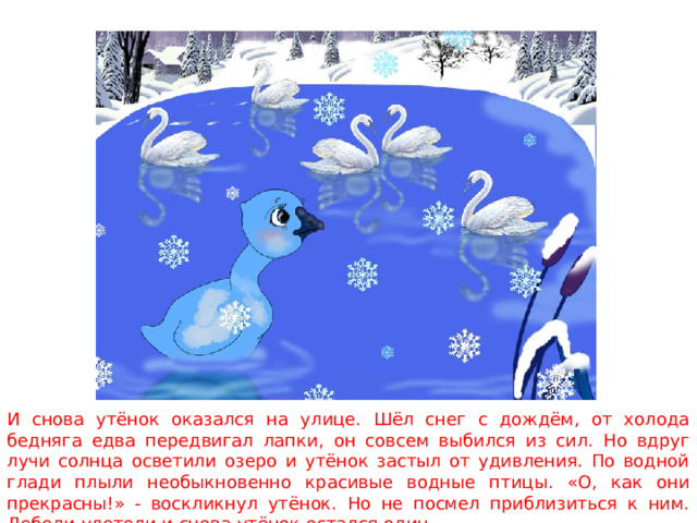 И снова утёнок оказался на улице. Шёл снег с дождём, от холода бедняга едва передвигал лапки, он совсем выбился из сил. Но вдруг лучи солнца осветили озеро и утёнок застыл от удивления. По водной глади плыли необыкновенно красивые водные птицы. «О, как они прекрасны!» - воскликнул утёнок. Но не посмел приблизиться к ним. Лебеди улетели и снова утёнок остался один. 