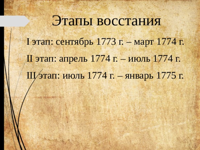 Этапы восстания I этап: сентябрь 1773 г. – март 1774 г. II этап: апрель 1774 г. – июль 1774 г. III этап: июль 1774 г. – январь 1775 г. 