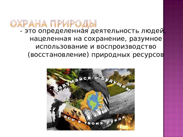 - это определенная деятельность людей, нацеленная на сохранение, разумное использование и воспроизводство (восстановление) природных ресурсов 