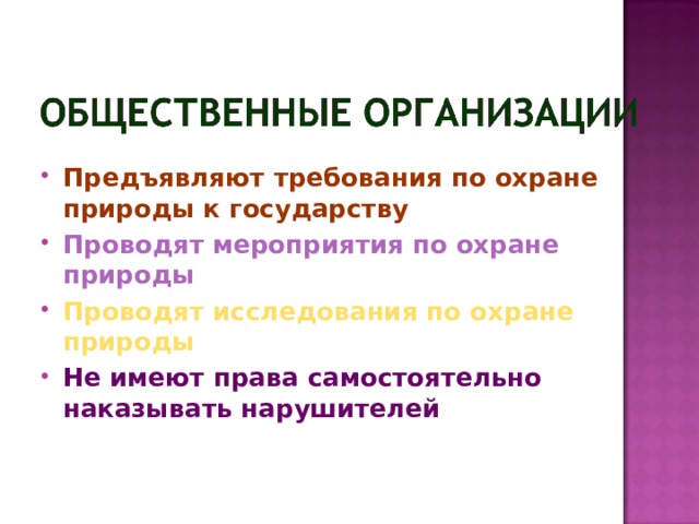 Предъявляют требования по охране природы к государству Проводят мероприятия по охране природы Проводят исследования по охране природы Не имеют права самостоятельно наказывать нарушителей 
