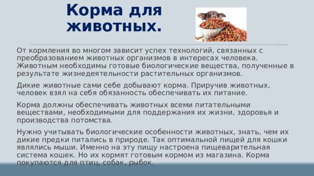Корма для животных. От кормления во многом зависит успех технологий, связанных с преобразованием животных организмов в интересах человека. Животным необходимы готовые биологические вещества, полученные в результате жизнедеятельности растительных организмов. Дикие животные сами себе добывают корма. Приручив животных, человек взял на себя обязанность обеспечивать их питание. Корма должны обеспечивать животных всеми питательными веществами, необходимыми для поддержания их жизни, здоровья и производства потомства. Нужно учитывать биологические особенности животных, знать, чем их дикие предки питались в природе. Так оптимальной пищей для кошки являлись мыши. Именно на эту пищу настроена пищеварительная система кошек. Но их кормят готовым кормом из магазина. Корма покупаются для птиц, собак, рыбок. 