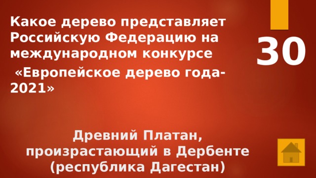 Какое дерево представляет Российскую Федерацию на международном конкурсе  «Европейское дерево года-2021» 30 Древний Платан, произрастающий в Дербенте (республика Дагестан) 