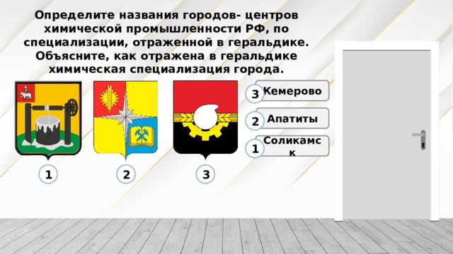 Определите названия городов- центров химической промышленности РФ, по специализации, отраженной в геральдике. Объясните, как отражена в геральдике химическая специализация города. Кемерово 3 Апатиты 2 Соликамск 1 3 2 1 Соликамск-на гербе изображена старинная СОЛЕВАРНЯ. Апатиты- геологические молотки в сочетании с голосом пшеницы символизирует специализацию на производстве СЕЛЬСКОХОЗЯЙСТВЕННЫХ УДОБРЕНИЙ. Кемерово- стилизованная реторта символизирует химическую отрасль одна из главных направлений промышленного развития города, колосья пшеницы- плодородие земли, связанная с применением МИНЕРАЛЬНЫХ УДОБРЕНИЙ, вырабатываемых на химические предприятия города. 