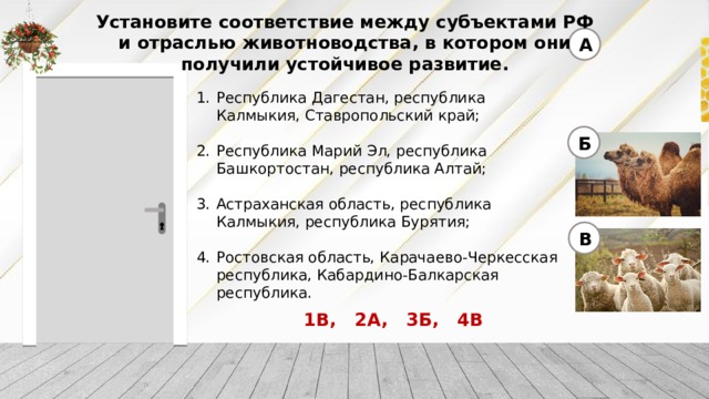 Установите соответствие между субъектами РФ  и отраслью животноводства, в котором они  получили устойчивое развитие. А Республика Дагестан, республика Калмыкия, Ставропольский край; Республика Марий Эл, республика Башкортостан, республика Алтай; Астраханская область, республика Калмыкия, республика Бурятия; Ростовская область, Карачаево-Черкесская республика, Кабардино-Балкарская республика. Б В 1В, 2А, 3Б, 4В 