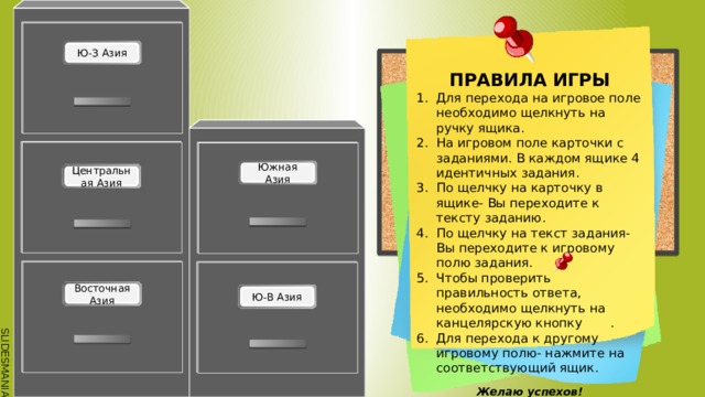 ПРАВИЛА ИГРЫ Для перехода на игровое поле необходимо щелкнуть на ручку ящика. На игровом поле карточки с заданиями. В каждом ящике 4 идентичных задания. По щелчку на карточку в ящике- Вы переходите к тексту заданию. По щелчку на текст задания- Вы переходите к игровому полю задания. Чтобы проверить правильность ответа, необходимо щелкнуть на канцелярскую кнопку . Для перехода к другому игровому полю- нажмите на соответствующий ящик. Желаю успехов! 