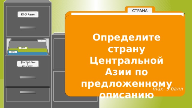Определите страну Центральной Азии по предложенному описанию Add a title here. max- 5 балл 