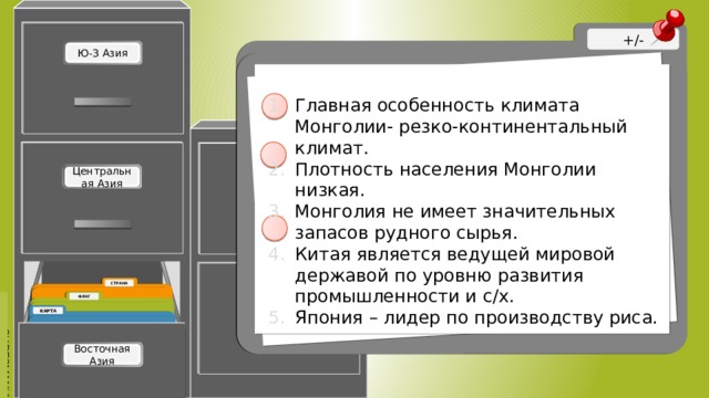 Главная особенность климата Монголии- резко-континентальный климат. Плотность населения Монголии низкая. Монголия не имеет значительных запасов рудного сырья. Китая является ведущей мировой державой по уровню развития промышленности и с/х. Япония – лидер по производству риса. +1,2,4 