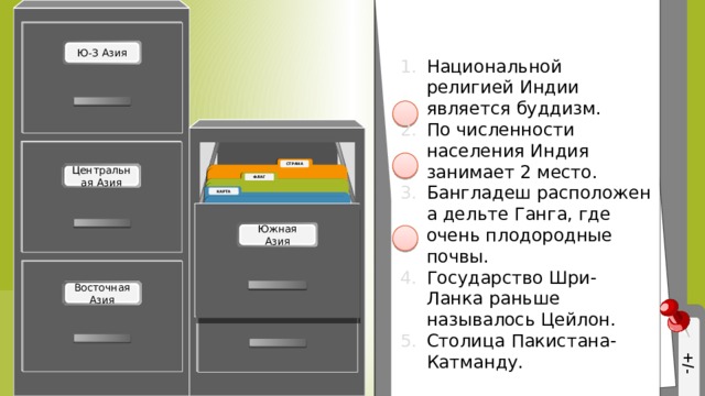 Национальной религией Индии является буддизм. По численности населения Индия занимает 2 место. Бангладеш расположен а дельте Ганга, где очень плодородные почвы. Государство Шри-Ланка раньше называлось Цейлон. Столица Пакистана- Катманду. +: 2,3,4 