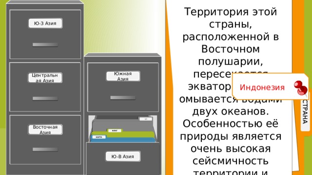 Территория этой страны, расположенной в Восточном полушарии, пересекается экватором. Она омывается водами двух океанов. Особенностью её природы является очень высокая сейсмичность территории и огромное количество потухших и действующих вулканов. Индонезия Территория этой страны, расположенной в Восточном полушарии, пересекается экватором. Она омывается водами двух океанов. Особенностью её природы является очень высокая сейсмичность территории и огромное количество потухших и действующих вулканов. 