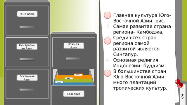 Главная культура Юго-Восточной Азии- рис. Самая развитая страна региона- Камбоджа. Среди всех стран региона самой развитой является Сингапур. Основная религия Индонезии- буддизм. В большинстве стран Юго-Восточной Азии много плантаций тропических культур. +: 1,3,5 