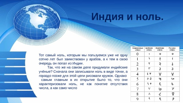 Индия и ноль. Тот самый ноль, которым мы пользуемся уже не одну сотню лет был заимствован у арабов, а к тем в свою очередь он попал из Индии.  Так, что же на самом деле придумали индийские учёные? Сначала они записывали ноль в виде точки, а гораздо позже для этой цели рисовали кружок. Однако самым главным в их открытие было то, что они характеризовали ноль, не как понятие отсутствия числа, а как само число 