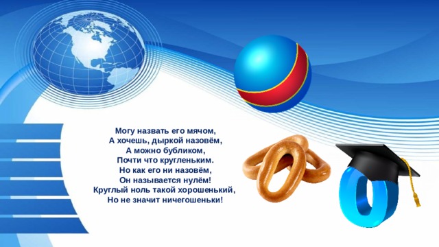 Могу назвать его мячом, А хочешь, дыркой назовём, А можно бубликом, Почти что кругленьким. Но как его ни назовём, Он называется нулём! Круглый ноль такой хорошенький, Но не значит ничегошеньки! 